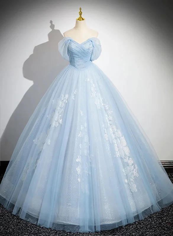 Light Blue Tulle Off Shoulder Beaded Prom Dress, Light Blue Party Dress Sweet 16 Dress Tunics Top Casual