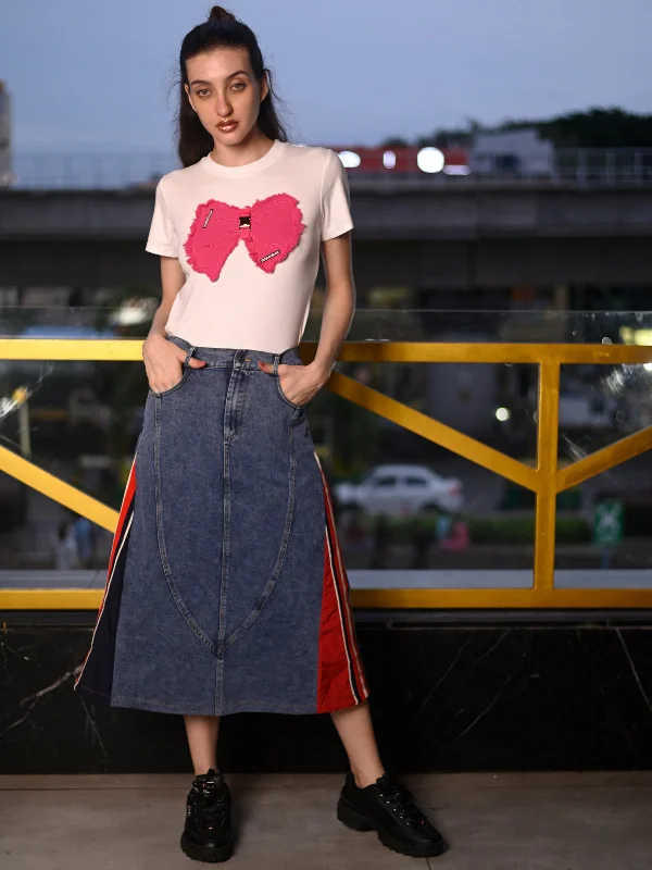 Odette Blue Denim Solid A-line Skirt For Women ruffled skirt detail