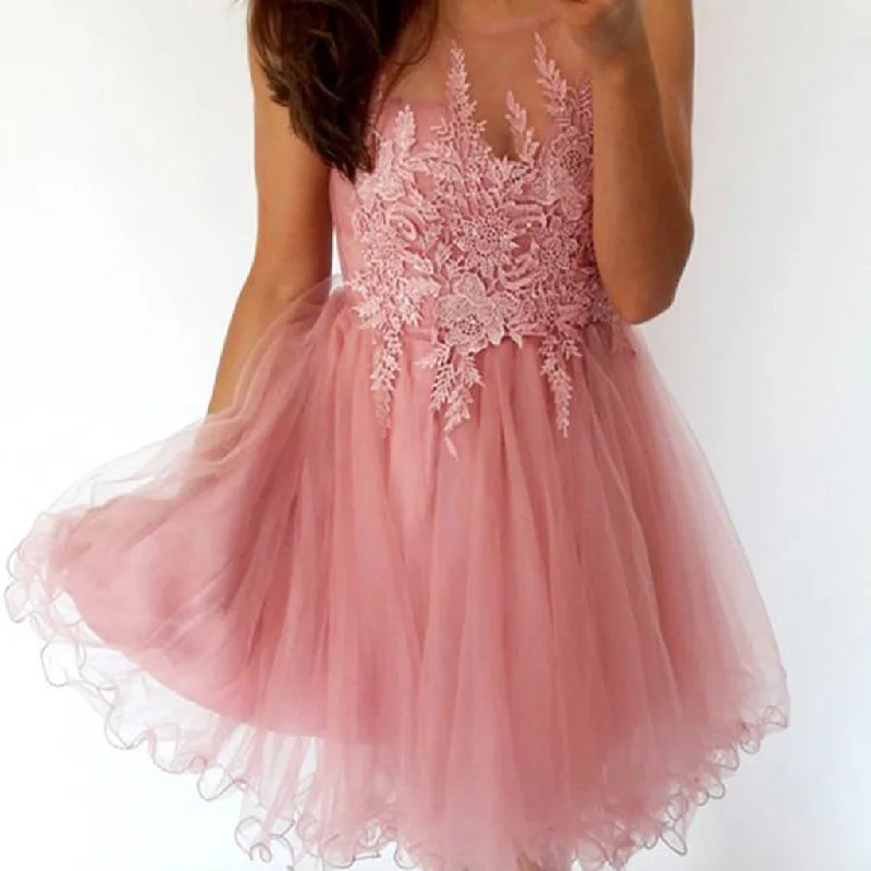 Tulle Round Neckline Homecoming Dress, V-Back Applique Homecoming Dress, KX143 Crew Neckline Sporty
