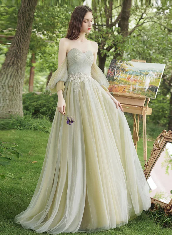A-line Green Tulle Off Shoulder Lace Applique Prom Dress, Green Party Dress Tunics Sophisticated sleek