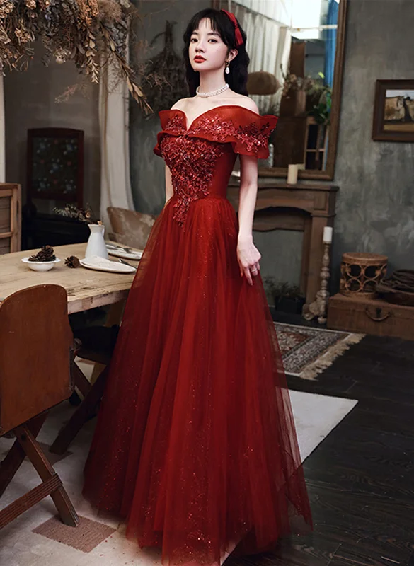 Wine Red Off Shoulder Tulle with Lace Long Party Dress, Wine Red Prom Dress Tunics Summer linen