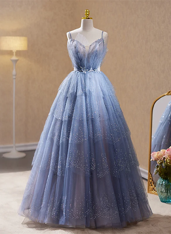 Blue Straps Beaded V-neckline Party Dress, Blue Tulle Formal Dress Evening Dress Tunics Chic fashionable