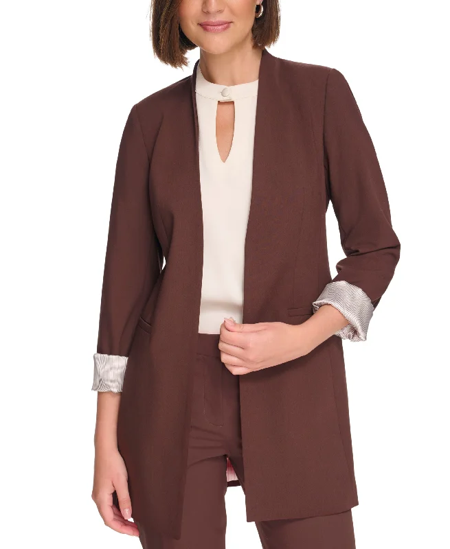 Petite Open-Front 3/4-Rollback-Sleeve Jacket Fleece Fabric Down Fabric Feather Fabric