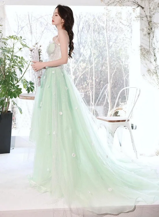 Light Mint Green Flowers Beautiful Long Tulle Party Dress, Light Green Formal Dress Evening Dress Tunics Vintage classic