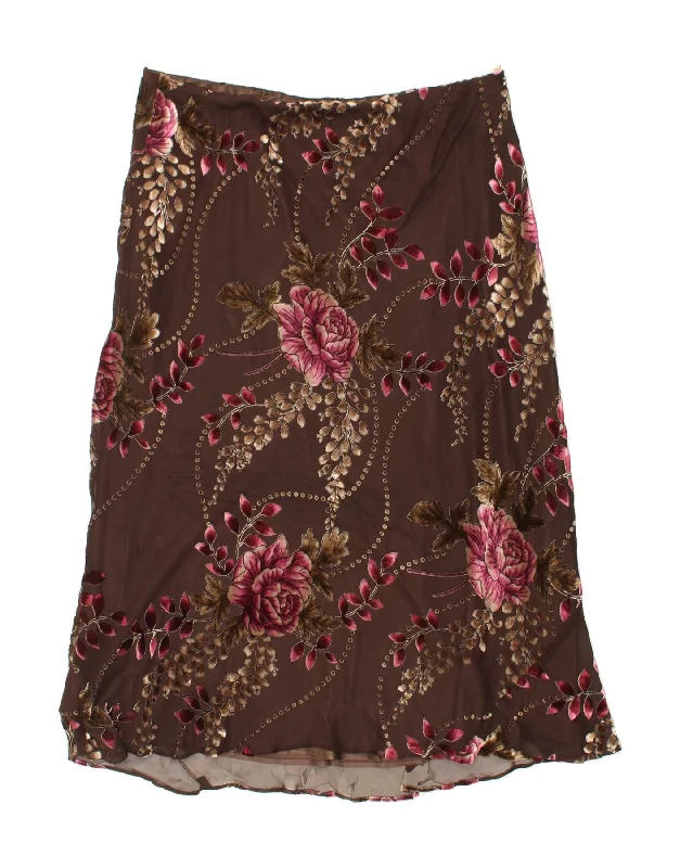 VINTAGE Womens A-Line Skirt UK 20 2XL W40 L37 Brown Floral denim skirt casual