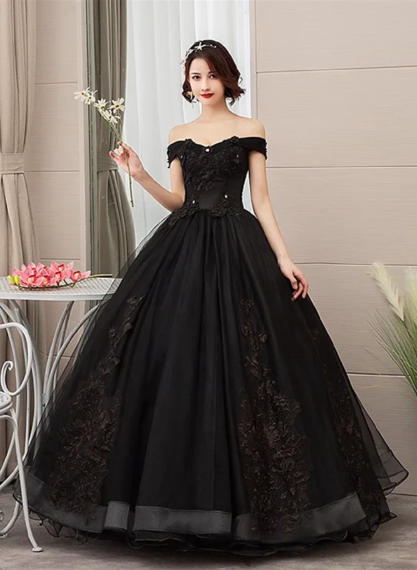 Black Sweetheart Tulle Ball Gown Off Shoulder Party Dress, Black Sweet 16 Dress Cowl Neckline Elegant