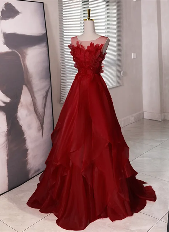 Wine Red Round Neckline A-line Beaded Party Dress, Wine Red Long Prom Dress Boatneck Modish Everyday