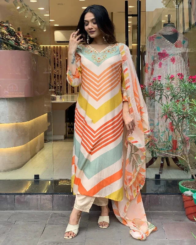 Women V Neck Embroidered Work Viscose Rayon Fabric Kurta & Pant With Dupatta Set - Taantav High-Waist Jeans