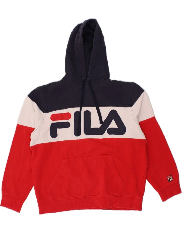 FILA Womens Oversized Hoodie Jumper UK 14 Medium Multicoloured Colourblock Hoodie with Hem Frayed Vintage Worn