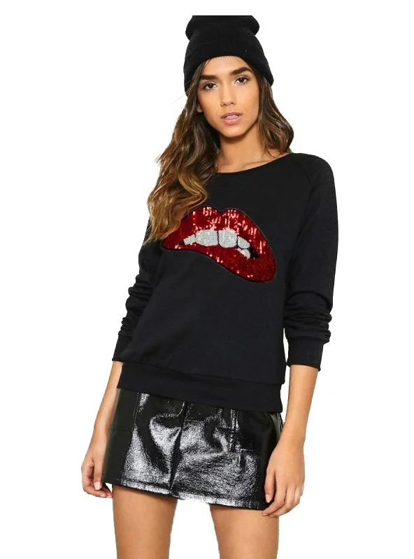 SEQUIN RED LIPS PRINT SWEATSHIRT CASUAL PREPPY O-NECK Hoodie with Hem Elastic Stretchable Comfortable SEQUIN RED LIPS PRINT SWEATSHIRT CASUAL PREPPY O-NECK Hoodie with Hem Elastic Stretchable Comfortable