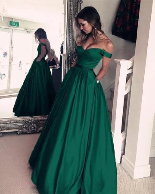 A-line Green Satin Off Shoulder Wedding Prom Evening Party Dress Boatneck Modish Everyday