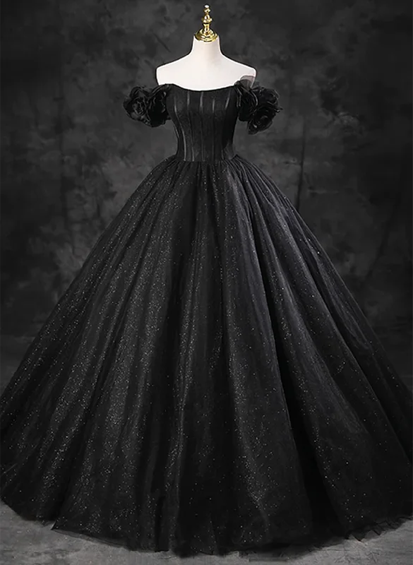 Black Off Shoulder Tulle Lace-up Sweet 16 Dress, Black Long Party Dress Prom Dress Mermaid Tail Wedding