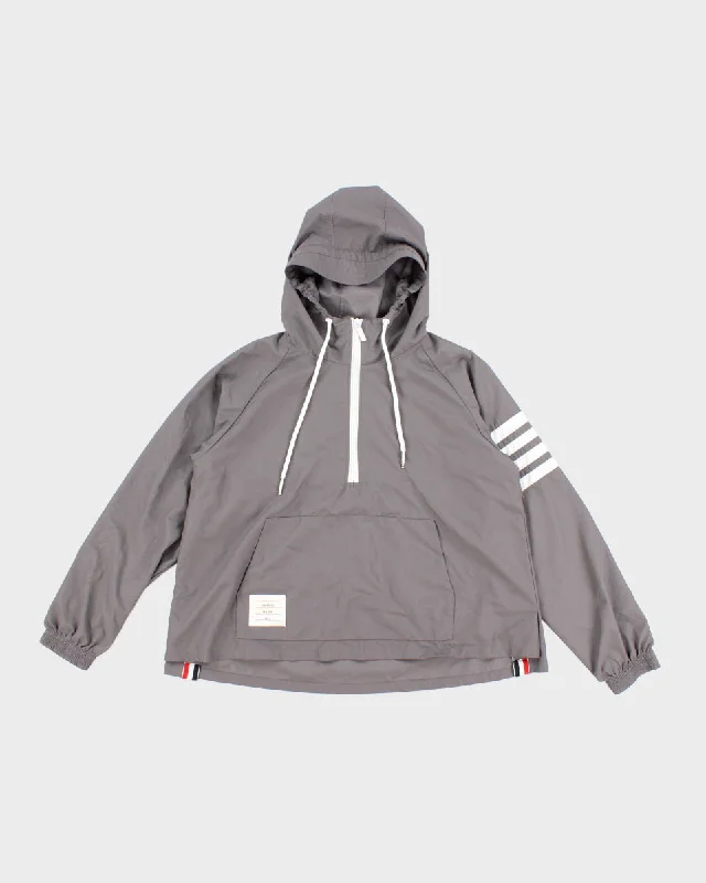 Womens Stone Grey Thom Browne Hooded Windbreaker Jacket - XS Mesh Jacket Canvas Jacket Denim Jacket