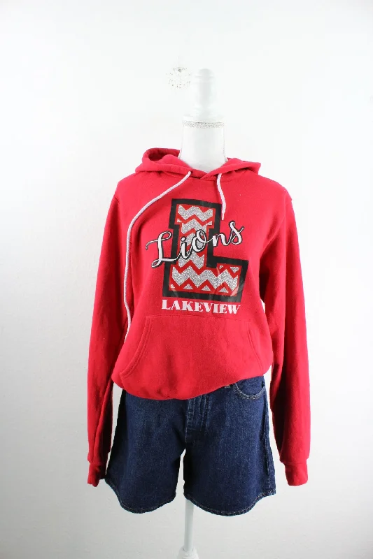 Vintage Lakeview Lions Hoodie (S) Hoodie with Mock Neck Collared Structured