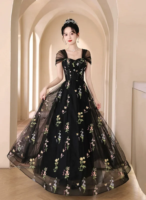 Black Off Shoulder Tulle A-line Sweetheart Long Party Dress, Black Prom Dress Tunics Practical easy-care