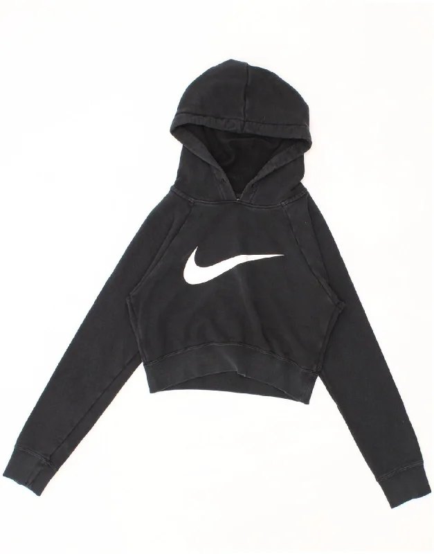 NIKE Womens Graphic Crop Hoodie Jumper UK 6 XS Black Cotton Hoodie with Elastic Waist Stretchable Comfortable