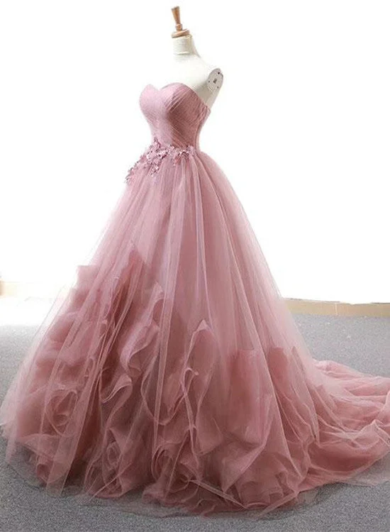 Dark Pink Sweetheart Gorgeous Formal Gown, Pink Tulle Party Dresses, Prom Dresses Crew Neckline Casual