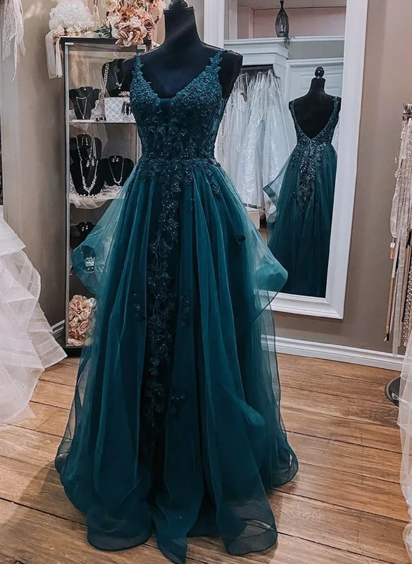 Teal Blue Tulle V-neckline Long Party Dress with Lace, Teal Blue Long Prom Dress Tunics Occasion special