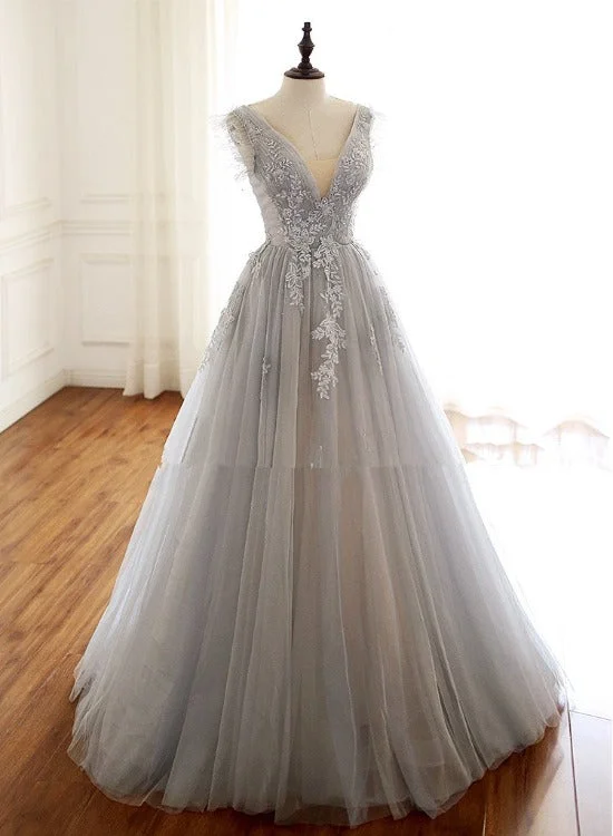 Grey Lace and Tulle V-neckline Long Party Dress Formal Dress, Grey New Style Prom Dress Tunics Ceremony elegant