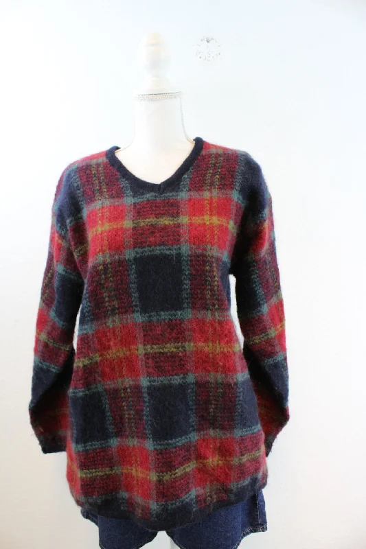 Vintage Mohair Checkered Sweatshirt (M) Hoodie with Metallic Shiny Futuristic