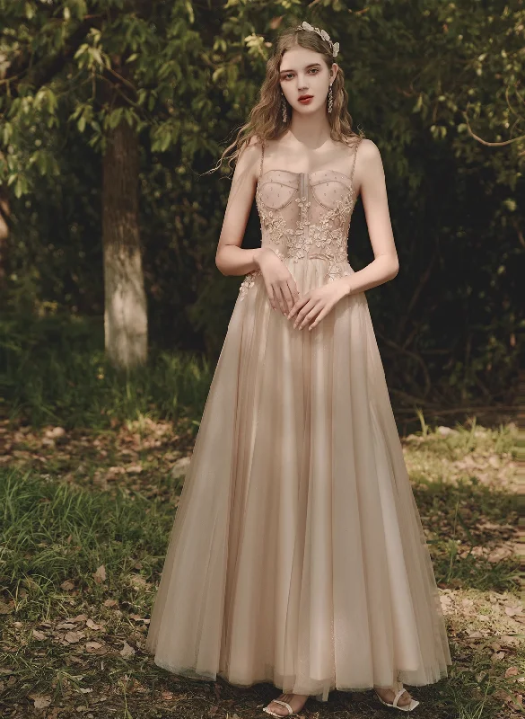 Light Champagne Floor Length Straps Long Party Dress, Light Champagne Prom Dress Lace Sexy Club