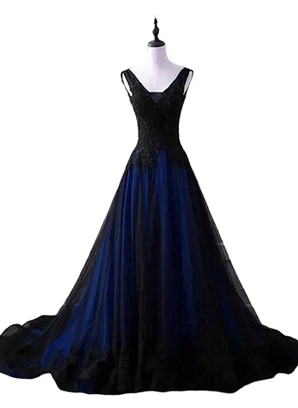 Black and Blue Lace Applique V-neclline Tulle Party Dress, A-line Tulle Long Prom Dress Peplum Ruffle Cocktail