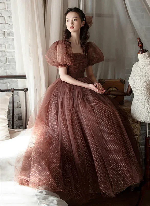 Lovely Puffy Sleeves Tulle Long Party Dress, Scoop Ball Gown Long Prom Dress Tunics Running lightweight