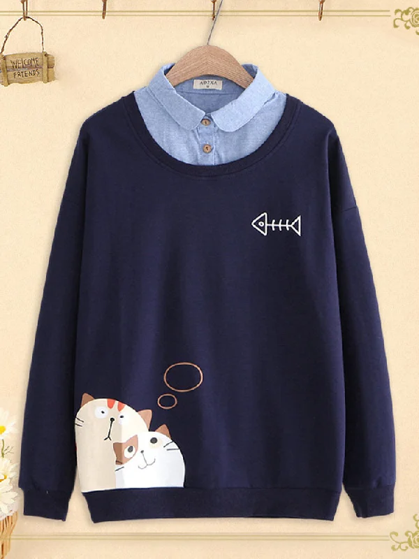 Long Sleeve Cartoon Cat Fish Bone Sweatshirt For Women Hoodie with Print Artistic Unique Long Sleeve Cartoon Cat Fish Bone Sweatshirt For Women Hoodie with Print Artistic Unique
