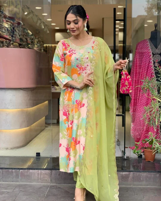 Women V Neck Embroidered Work Silk Fabric Kurta & Pant With Dupatta Set - Taantav Modern Bootcut Pants
