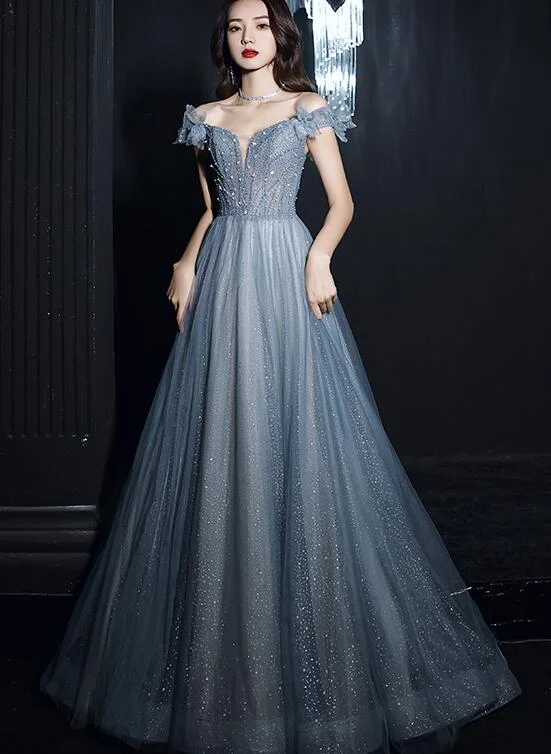 Beautiful Pretty Bue Beaded Off Shoulder Long Formal Dress Party Dress, Blue Evening Gowns Tunics Chinos classic