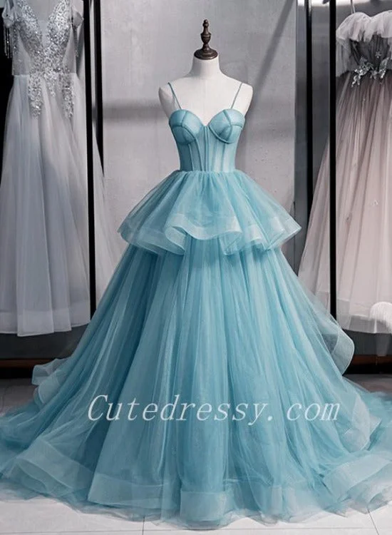Light Blue Sweetheart Layers Tulle Long Evening Gowns, Blue Wedding Party Dresses Tunics Business professional