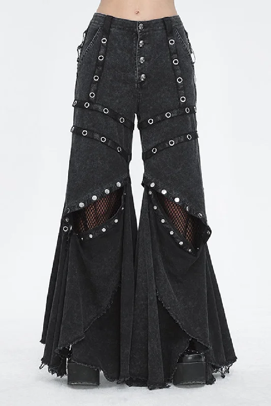 Black Mesh Eyelets Ruffled Flared Womens Punk Pants Elegant Wool Trousers