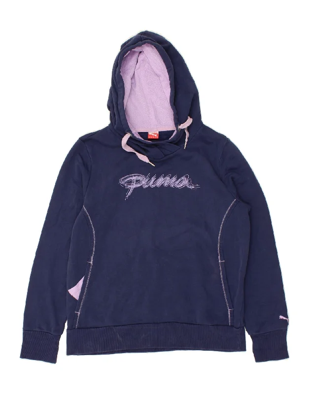 PUMA Womens Graphic Hoodie Jumper UK 16 Large Navy Blue Cotton Hooded Sweatshirt Casual Wear Street Style
