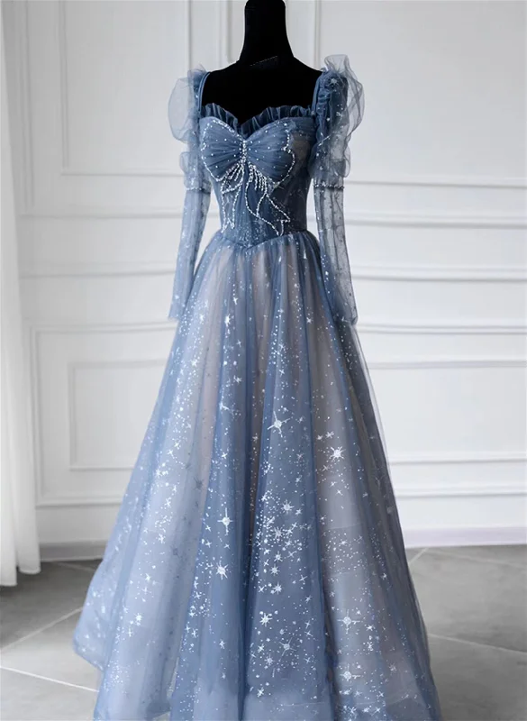 Blue Beaded Long Sleeves A-line Tulle Prom Dress, Blue Floor Length Party Dress Square Neckline Feminine