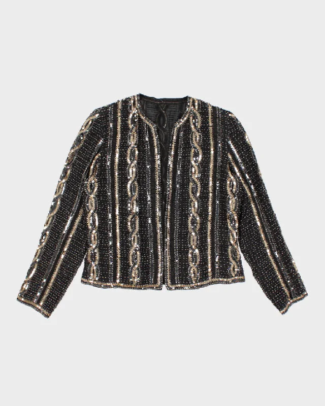 Vintage Sequined Party Open Jacket - M Notch Collar Peter Pan Collar Cowl Neck