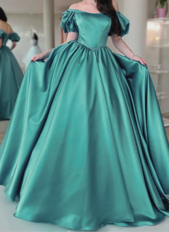 Green Satin Lace-up Back Long Party Dress, Green A-line Prom Dress Tunics Party sparkling