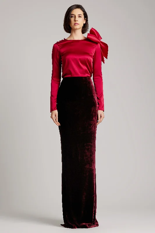 Silk Velvet High Waisted Maxi Skirt in Maroon belted skirt waist
