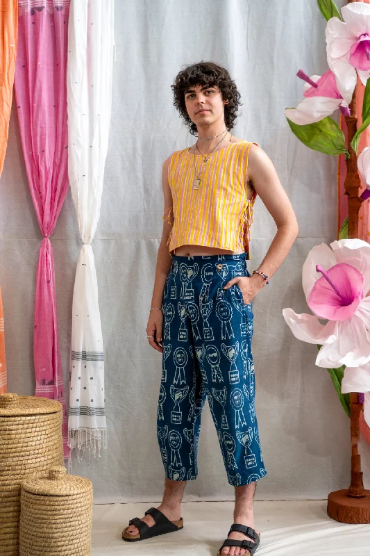 ¾ Button Pants – Trophy Print Mud Resist Indigo Comfortable Pleated Pants