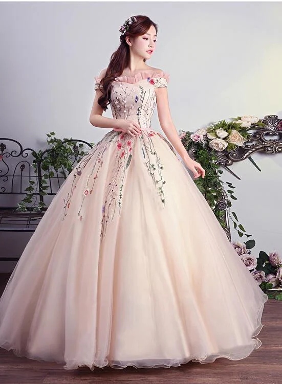 Charming Pink Off Shoulder Ball Gown Formal Dress, Lace Applique Party Dress Tunics Evening elegant