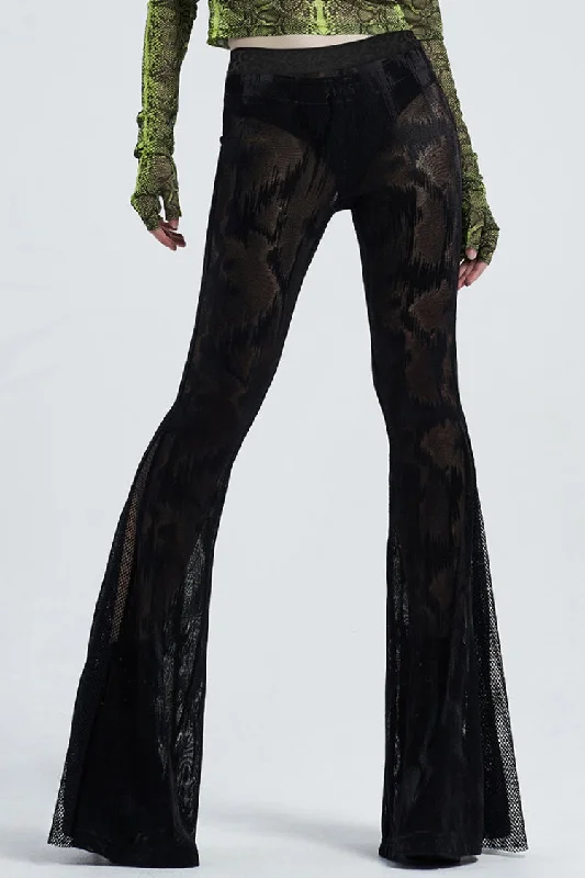Black Python Print Mesh Women's Gothic Flared Pants Fashionable Work Pants