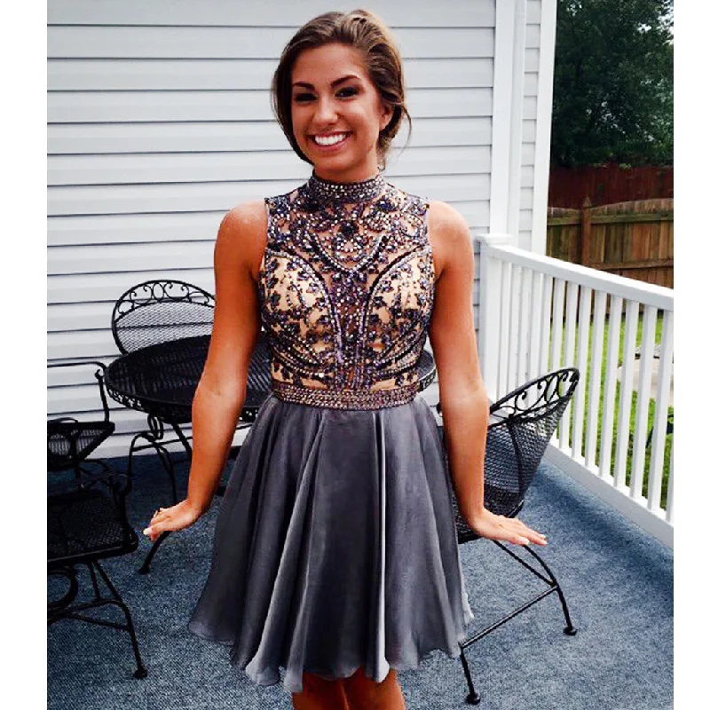 Grey Beaded Top Backless Homecoming Dresses, Open-Back Elastic Satin Homecoming Dresses, KX934-1 Tunics Ceremony elegant