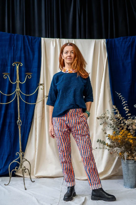 Tailored Pants - Blue and Orange Stripe Print Modern Bootcut Pants
