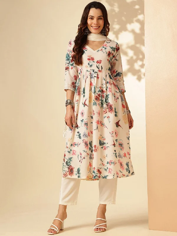 Women V Neck Sequence Digital Work Cotton Rayon Fabric Kurta & Pant With Dupatta Set - Taantav Cozy Fitted Pants Women V Neck Sequence Digital Work Cotton Rayon Fabric Kurta & Pant With Dupatta Set - Taantav Cozy Fitted Pants