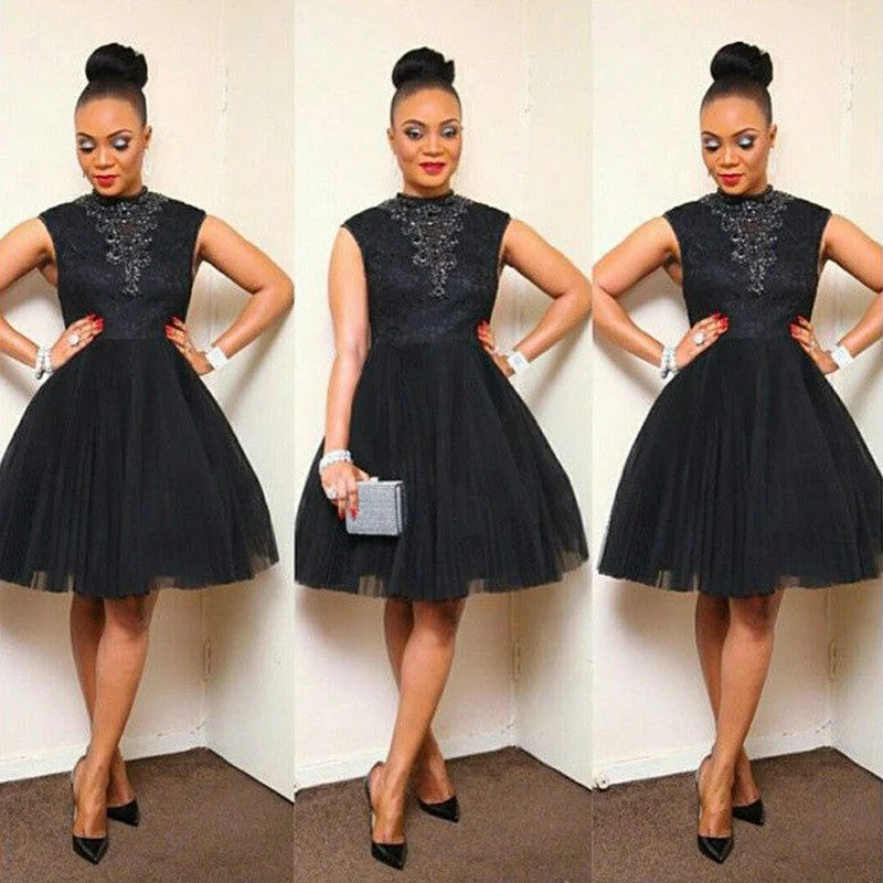 Black High Neck Elegant Cheap Short Cocktail Party Graduation Homecoming Dress, WG705 Crew Neckline Sporty