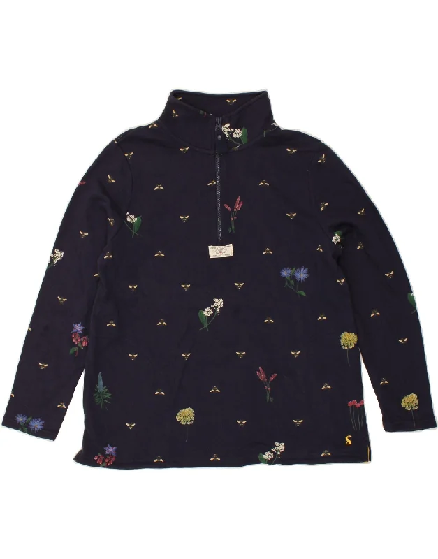 JOULES Womens Zip Neck Sweatshirt Jumper UK 12 Medium Navy Blue Floral Hoodie with Hem Ribbing Snug Secure