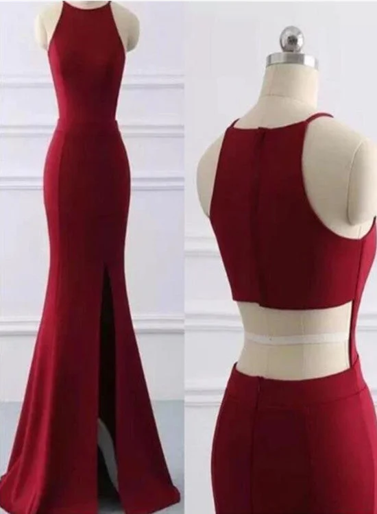 Wine Red Halter Mermaid Long Party Dress with Leg Slit, Sexy Long Formal Dress Evening Dress Tunics Spring floral