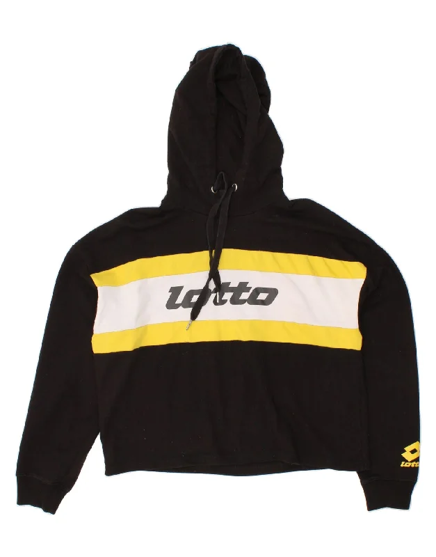 LOTTO Womens Graphic Hoodie Jumper UK 18 XL Black Colourblock Hoodie with Hem Applique Textured Unique LOTTO Womens Graphic Hoodie Jumper UK 18 XL Black Colourblock Hoodie with Hem Applique Textured Unique