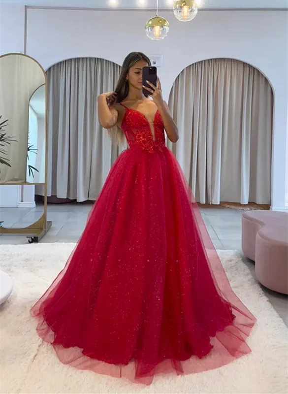 Red Tulle V-neckline Straps Long Evening Dress Prom Dress, Red Tulle Party Dress Tunics Formal black