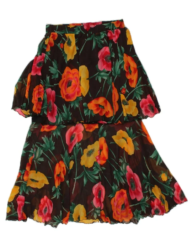 VINTAGE Womens Tiered Skirt IT 44 Medium W30 Black Floral Silk asymmetrical skirt cut