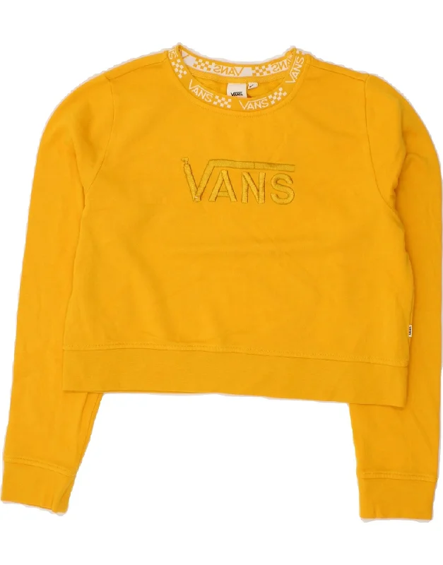 VANS Womens Crop Graphic Sweatshirt Jumper UK 14 Medium Yellow Cotton Hoodie with Embroidery Detailed Premium